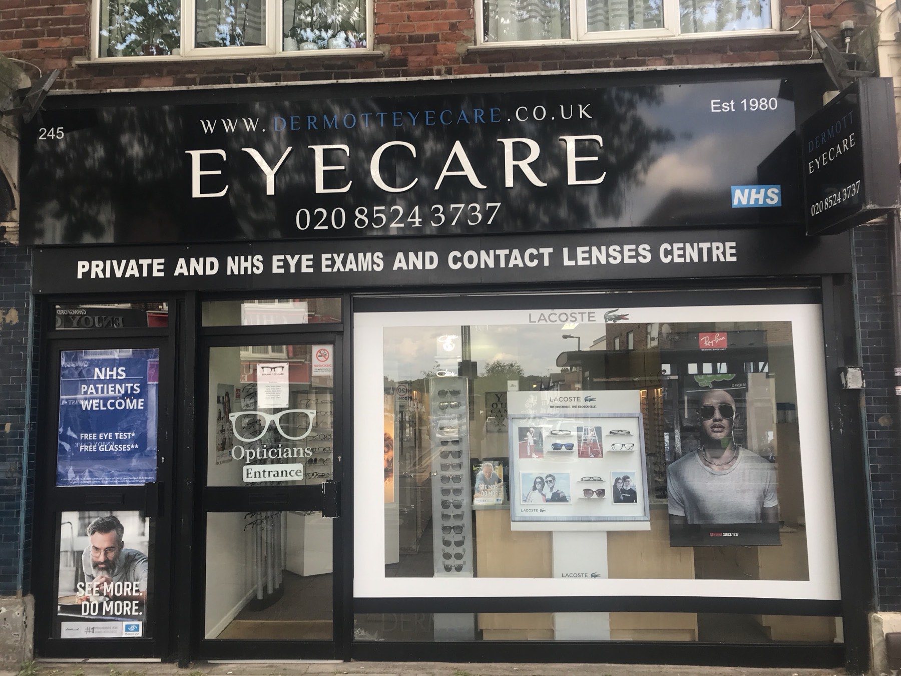 The Dermott Eyecare shopfront on Chingford Mount Road, established 1980, with NHS and private eye exam signage
